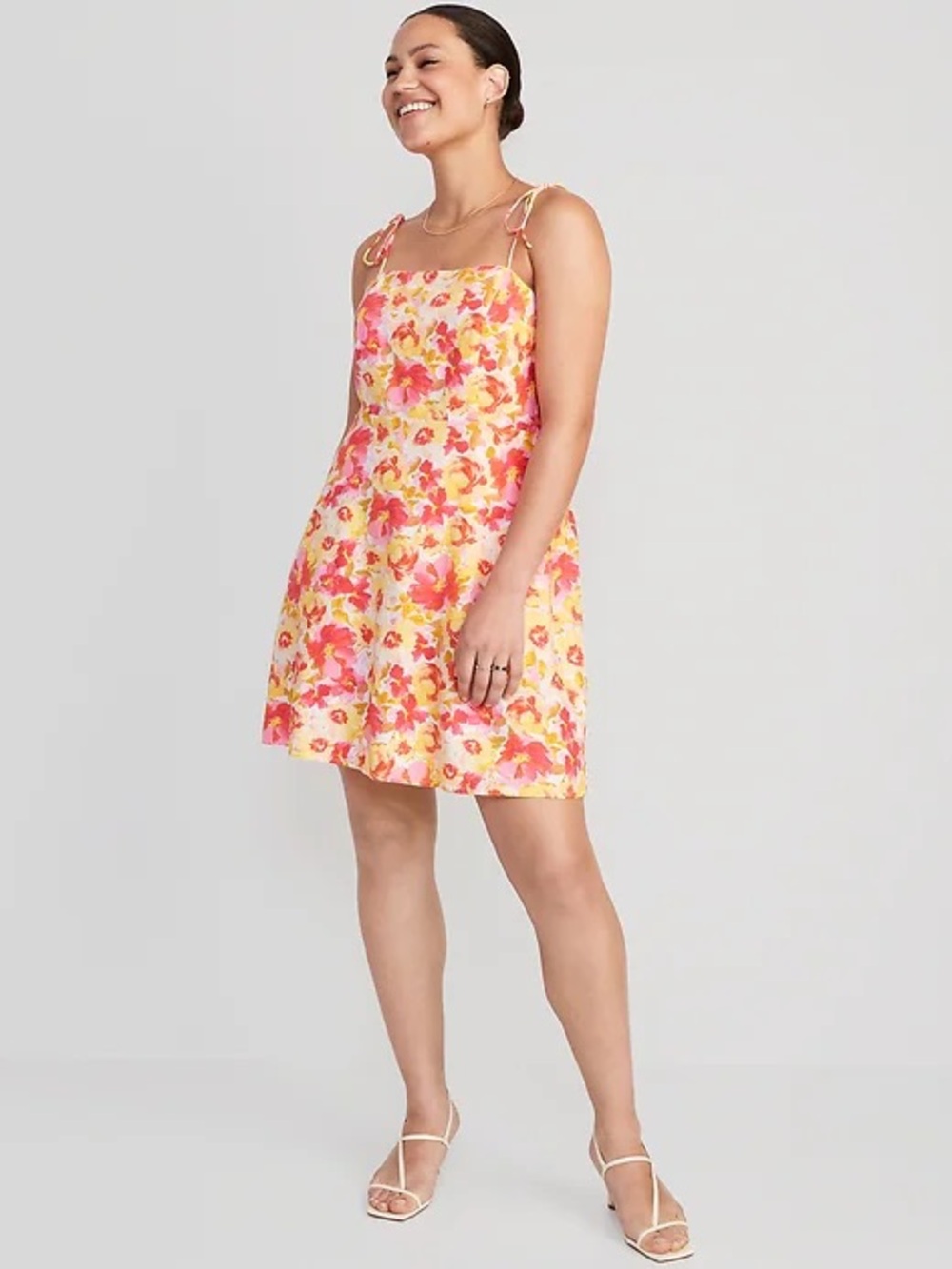 Old Navy Fit & Flare Tie-Shoulder Linen Blend Mini Dress Watercolor Floral XSP
